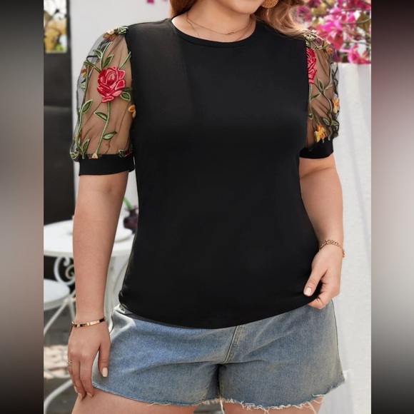 Boho floral mesh puff sleeve blouse - Picture 1 of 11